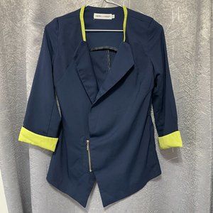 MERE MEET Navy Blue & Neon Yellow Cuffed Asymmetric Zip Blazer - Sz L (M; read)